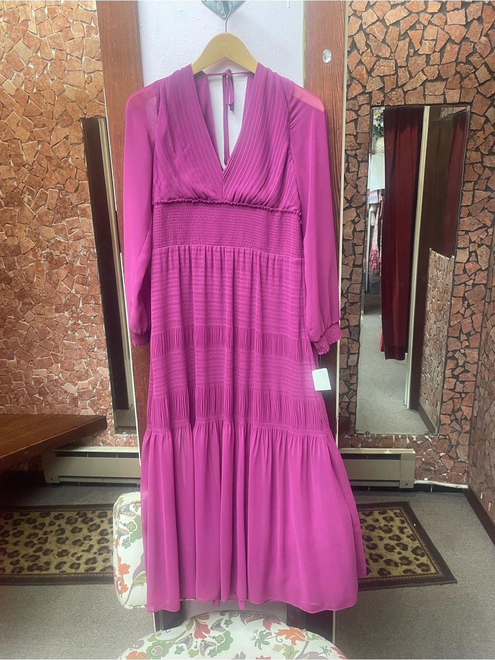 INTERMIX Fuchsia Pleated V-Neck Maxi Dress